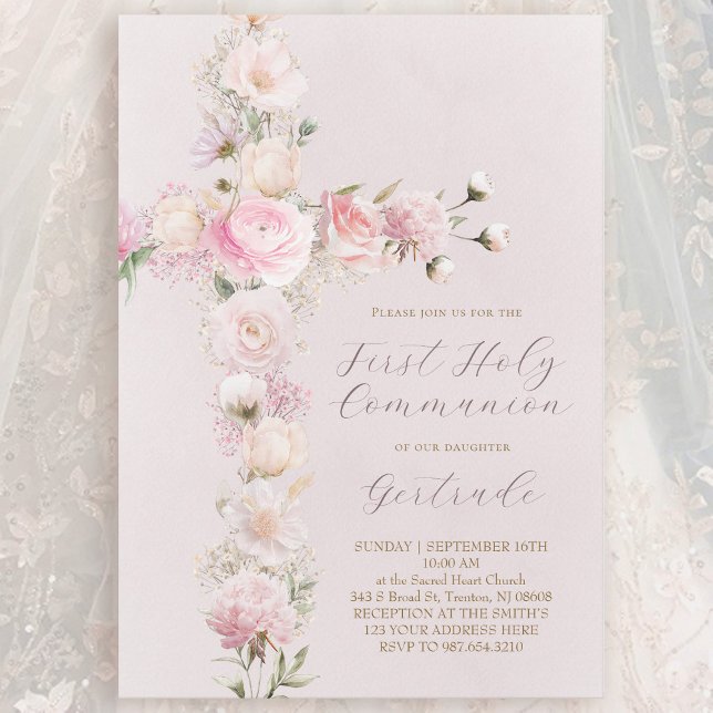 Convite pink flowers cross First Holy Communion (Criador carregado)