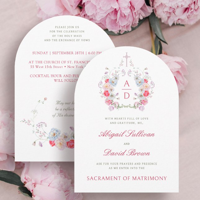 Convite Pink Flowers Frame Catholic Wedding Invitation (Criador carregado)