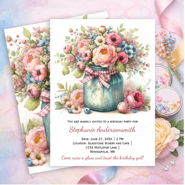 Convite Pink Flowers Mason Jar Birthday Party | Invitation (Criador carregado)