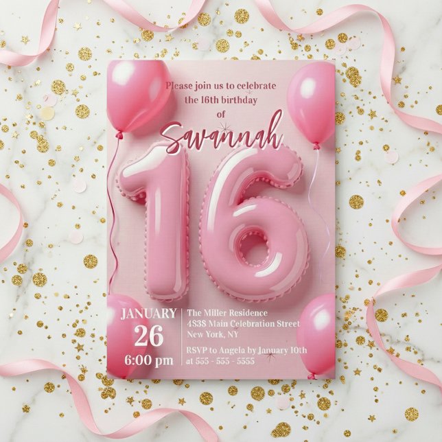 Convite Pink Foil Balloon Typography Sweet 16 Birthday (Criador carregado)