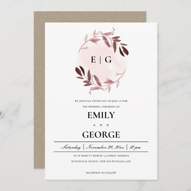 CONVITE PINK FOLIAGE WATERCOLOR WASH WREATH WEDDING (Frente/Verso)