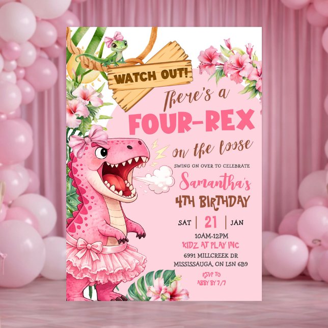 Convite Pink Four Rex On The Loose Fourth Birthday (Criador carregado)