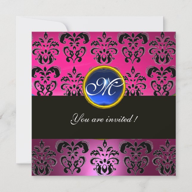 Convite PINK FUCHSIA BLACK DAMASK MONOGRAM, safira azul (Frente)