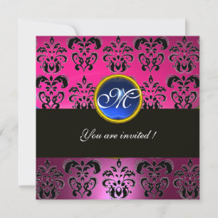 Convite PINK FUCHSIA BLACK DAMASK MONOGRAM, safira azul