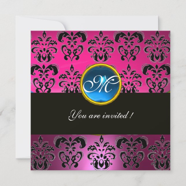 Convite PINK FUCHSIA BLACK DAMASK MONOGRAM, safira azul (Frente)