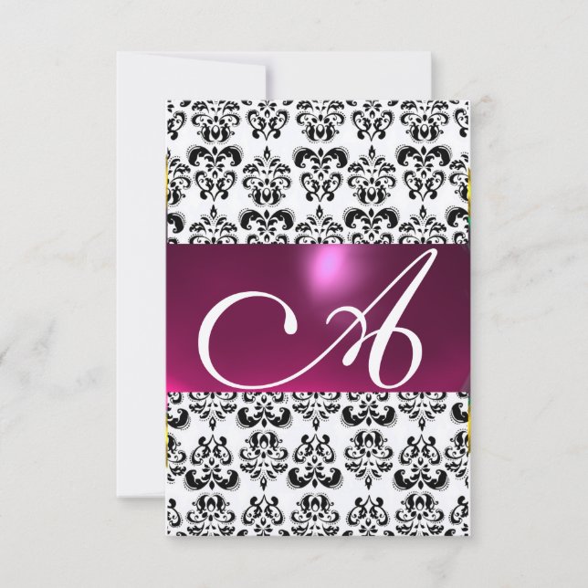 Convite PINK FUCHSIA DOURADA DAMASK GEM MONOGRAM roxa rsvp (Frente)