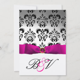 CONVITE PINK FUCHSIA RIBBON SILVER BLACK DAMASK MONOGRAM