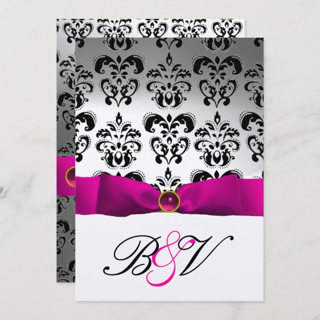 CONVITE PINK FUCHSIA RIBBON SILVER BLACK DAMASK MONOGRAM (Frente/Verso)