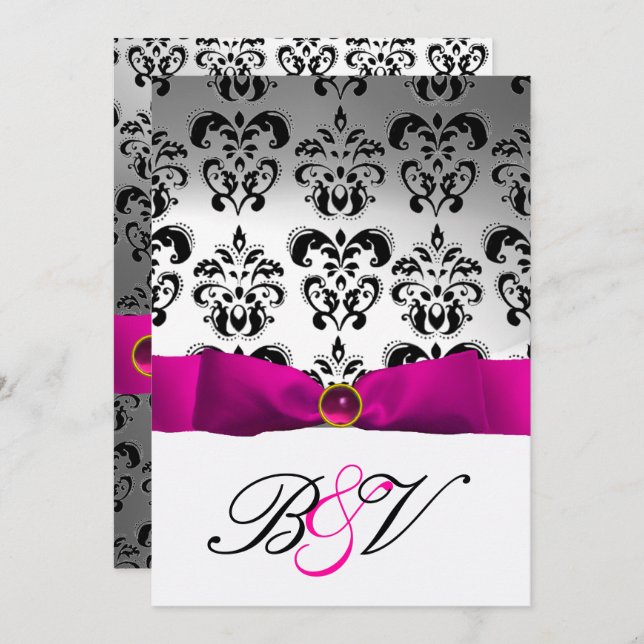 CONVITE PINK FUCHSIA RIBBON SILVER BLACK DAMASK MONOGRAM (Frente/Verso)