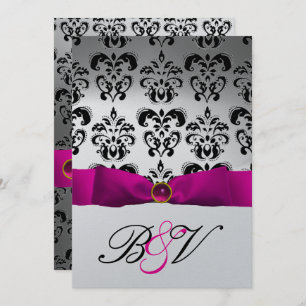 CONVITE PINK FUCHSIA RIBBON SILVER BLACK DAMASK MONOGRAM