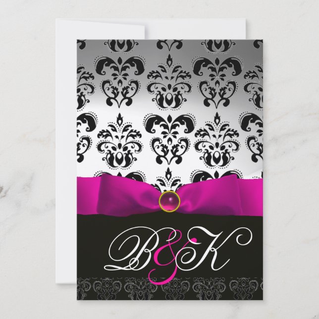 CONVITE PINK FUCHSIA RIBBON WHITE BLACK DAMASK MONOGRAMA (Frente)