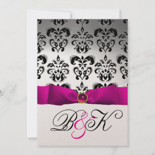 CONVITE PINK FUCHSIA RIBBON WHITE BLACK DAMASK MONOGRAMA