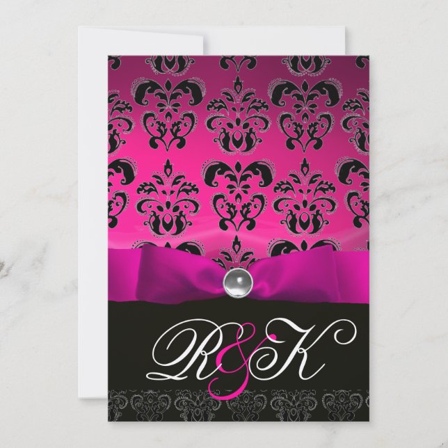 CONVITE PINK FUCHSIA RIBBON WHITE BLACK DAMASK MONOGRAMA (Frente)