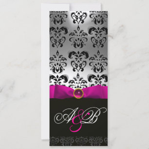 CONVITE PINK FUCHSIA RIBBON WHITE BLACK DAMASK MONOGRAMA