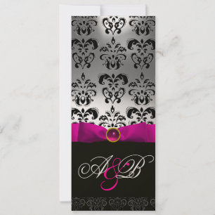 CONVITE PINK FUCHSIA RIBBON WHITE BLACK DAMASK MONOGRAMA