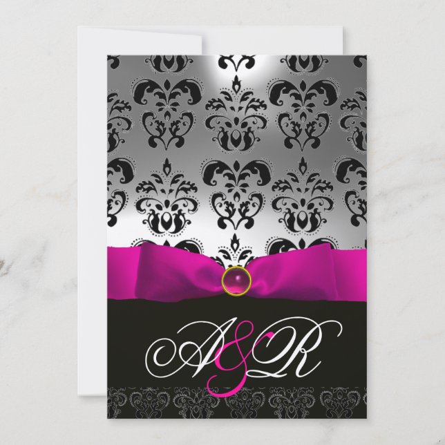 CONVITE PINK FUCHSIA RIBBON WHITE BLACK DAMASK MONOGRAMA (Frente)