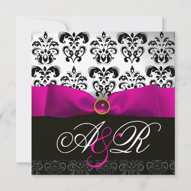 CONVITE PINK FUCHSIA RIBBON WHITE BLACK DAMASK MONOGRAMA (Frente)