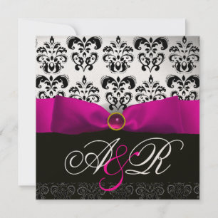 CONVITE PINK FUCHSIA RIBBON WHITE BLACK DAMASK MONOGRAMA