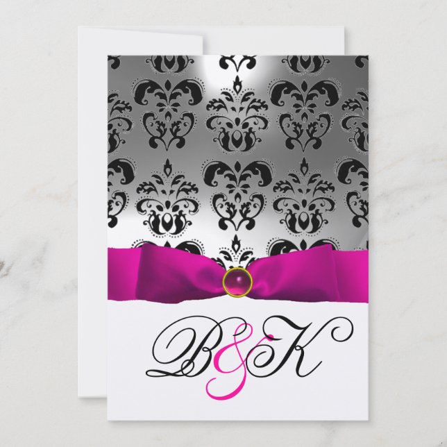 CONVITE PINK FUCHSIA RIBBON WHITE BLACK DAMASK MONOGRAMA (Frente)