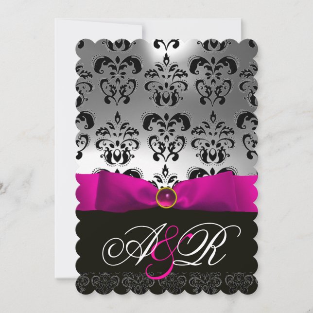 CONVITE PINK FUCHSIA RIBBON WHITE BLACK DAMASK MONOGRAMA (Frente)
