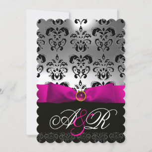 CONVITE PINK FUCHSIA RIBBON WHITE BLACK DAMASK MONOGRAMA