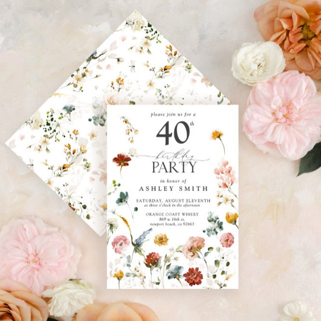 Convite Pink Garden Floral Calligraphy 40th Birthday (Criador carregado)