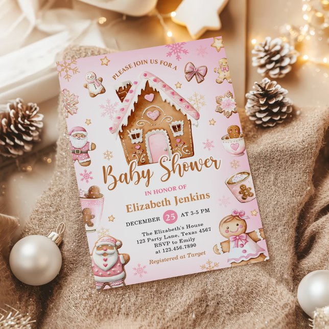 Convite Pink Gingerbread House Christmas Baby Shower (Criador carregado)