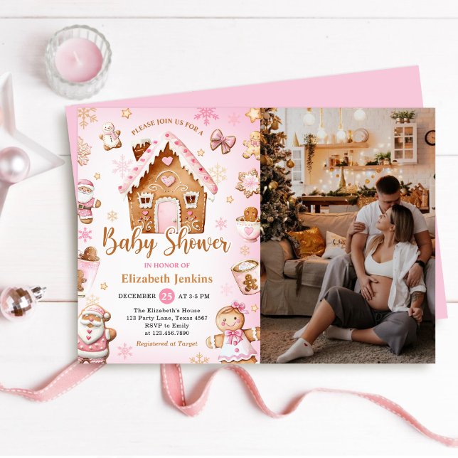 Convite Pink Gingerbread House Christmas Baby Shower Photo (Criador carregado)
