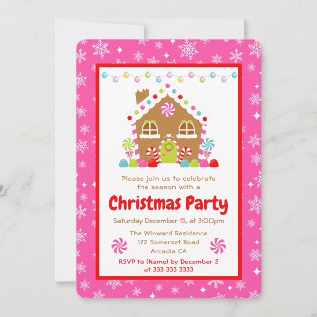 Convite Pink Gingerbread House Christmas Party (Frente)