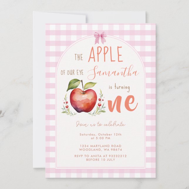 Convite Pink Gingham Apple Watercolor, primeiro aniversári (Frente)