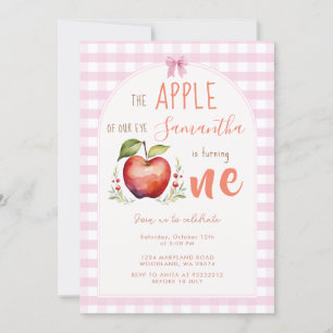 Convite Pink Gingham Apple Watercolor, primeiro aniversári