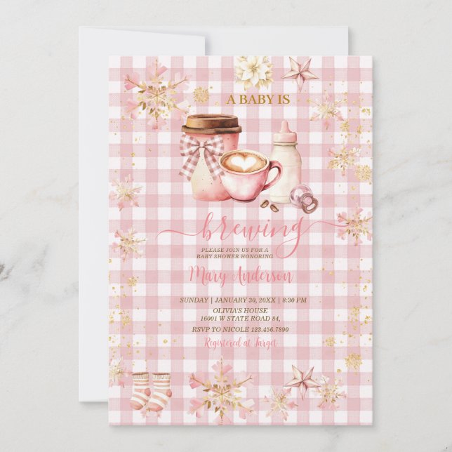 Convite Pink Gingham Baby Is Brewing Winter Baby Shower (Frente)