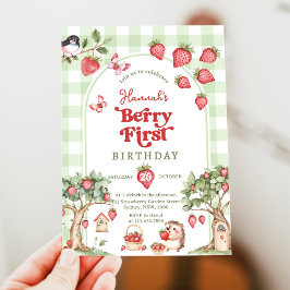 Convite Pink Gingham Berry First Strawberry 1st Birthday