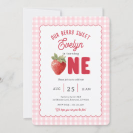 Convite Pink Gingham Berry First Strawberry Themed