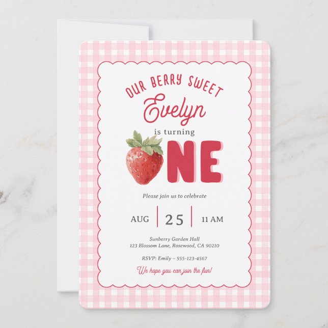 Convite Pink Gingham Berry First Strawberry Themed (Frente)