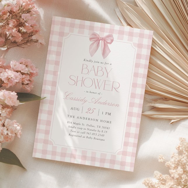 Convite Pink Gingham Bow Girl Baby Shower (Criador carregado)