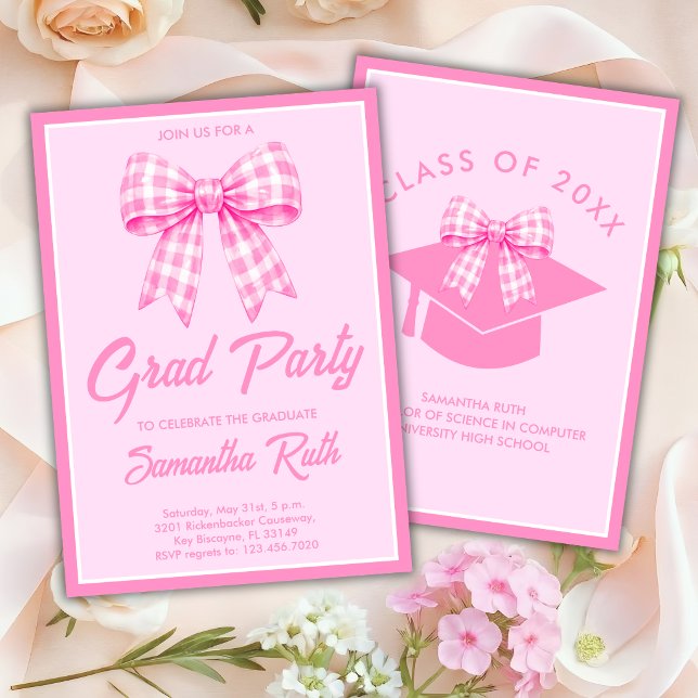 Convite Pink Gingham Bow Graduation Party (Criador carregado)