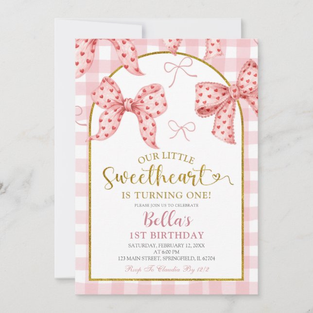 Convite Pink Gingham Bow Sweetheart Birthday  (Frente)