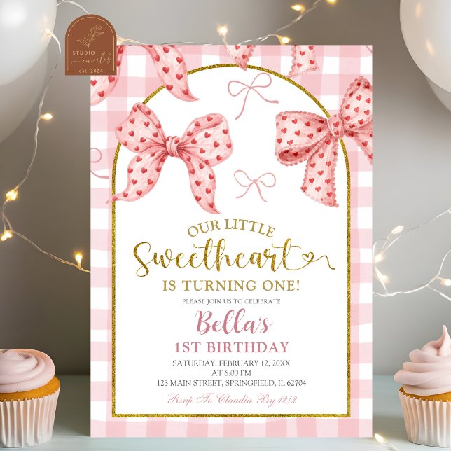 Convite Pink Gingham Bow Sweetheart Birthday  (Criador carregado)