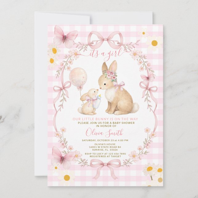 Convite Pink Gingham Bunny Baby Shower Butterfly Daisy (Frente)