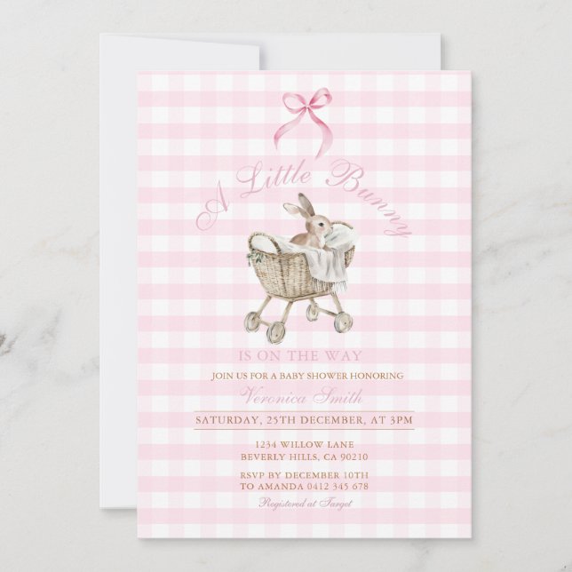 Convite Pink Gingham Bunny Baby Shower Grandmillennial  (Frente)