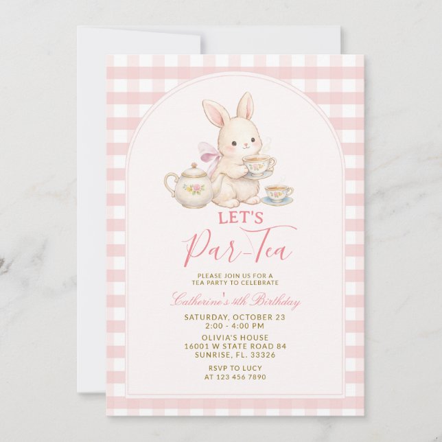 Convite Pink Gingham Bunny Tea Party Birthday Invitation (Frente)