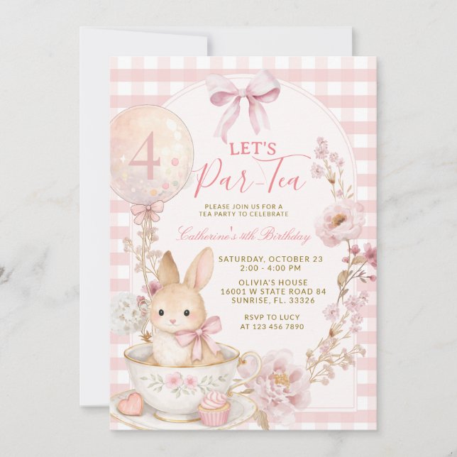 Convite Pink Gingham Bunny Tea Party Girl Birthday  (Frente)