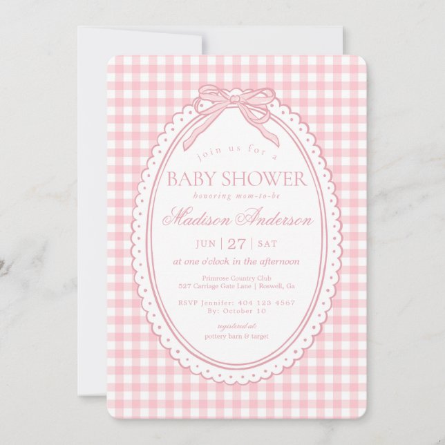 Convite Pink Gingham Coquette Bow Baby Shower (Frente)