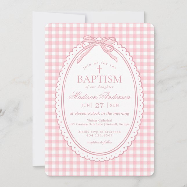 Convite Pink Gingham Coquette Bow Baptism (Frente)