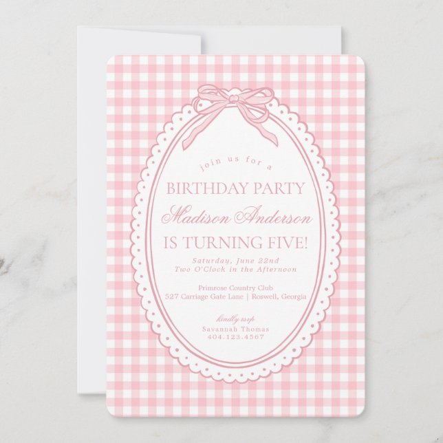 Convite Pink Gingham Coquette Bow Birthday Party (Frente)