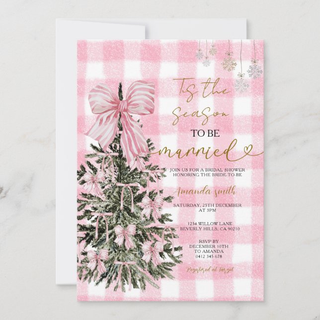 Convite Pink Gingham Coquette Christmas Tree Bridal Shower (Frente)