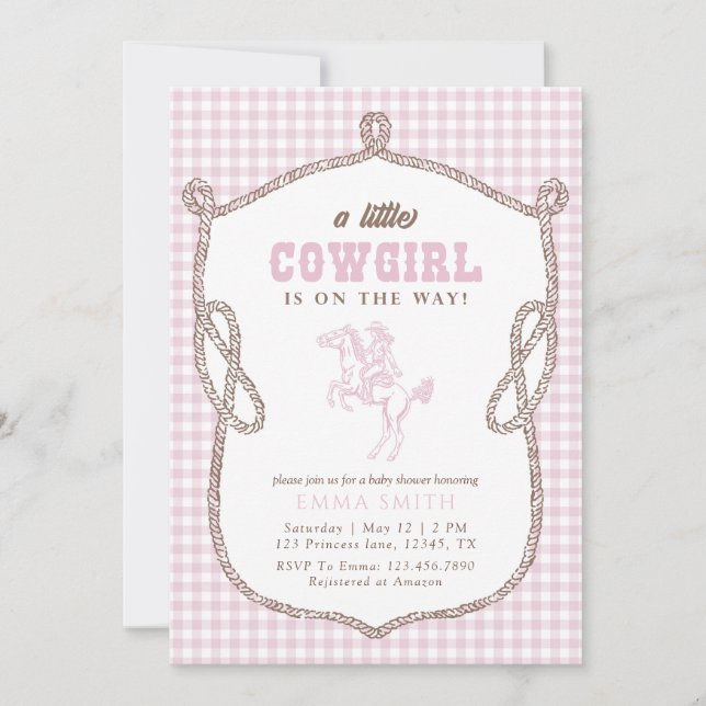 Convite Pink Gingham Cowboy Baby Shower Vintage Preppy  (Frente)