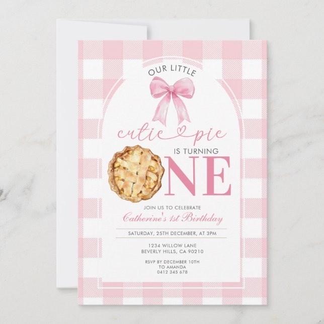 Convite Pink Gingham Cutie Pie First Birthday Invitation (Frente)