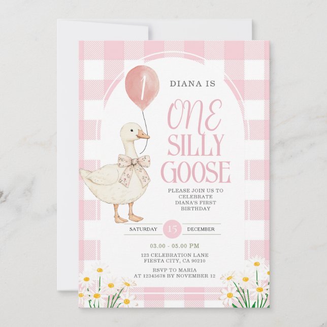 Convite PINK Gingham Daisy One Bobo Goose Birthday (Frente)